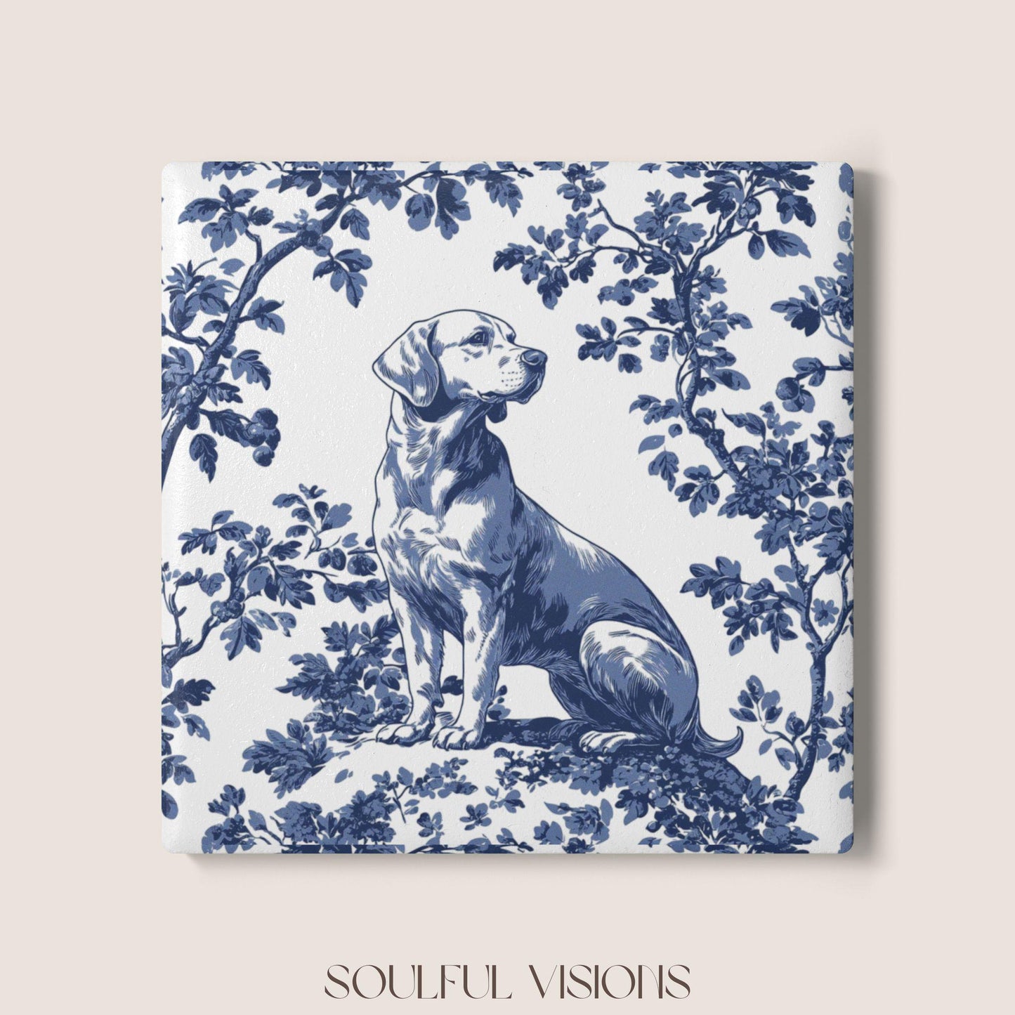 Labrador Retriever Ceramic Coaster French Blue Toile, Labrador Drink Coaster, Labrador Mom Gift, Dog Coaster, Labrador Lover Gift, Labrador