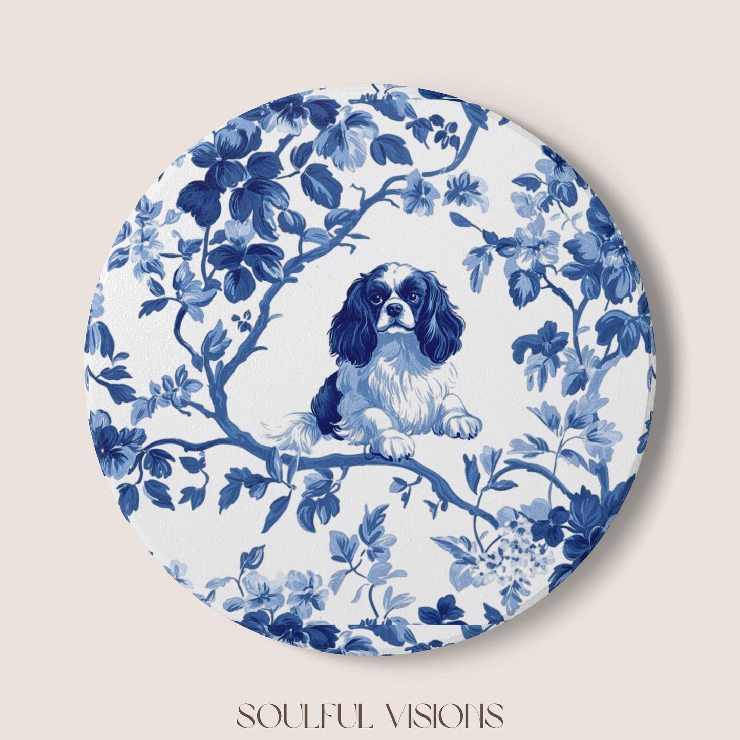 Cavalier Spaniel Ceramic Coaster French Blue Toile, Cavalier Drink Coaster, Cavalier Mom Gift, Dog Coaster, Cavalier King Charles Spaniel