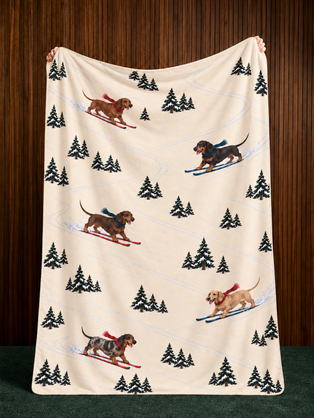Short-haired Dachshund Christmas Skiing Fleece Blanket