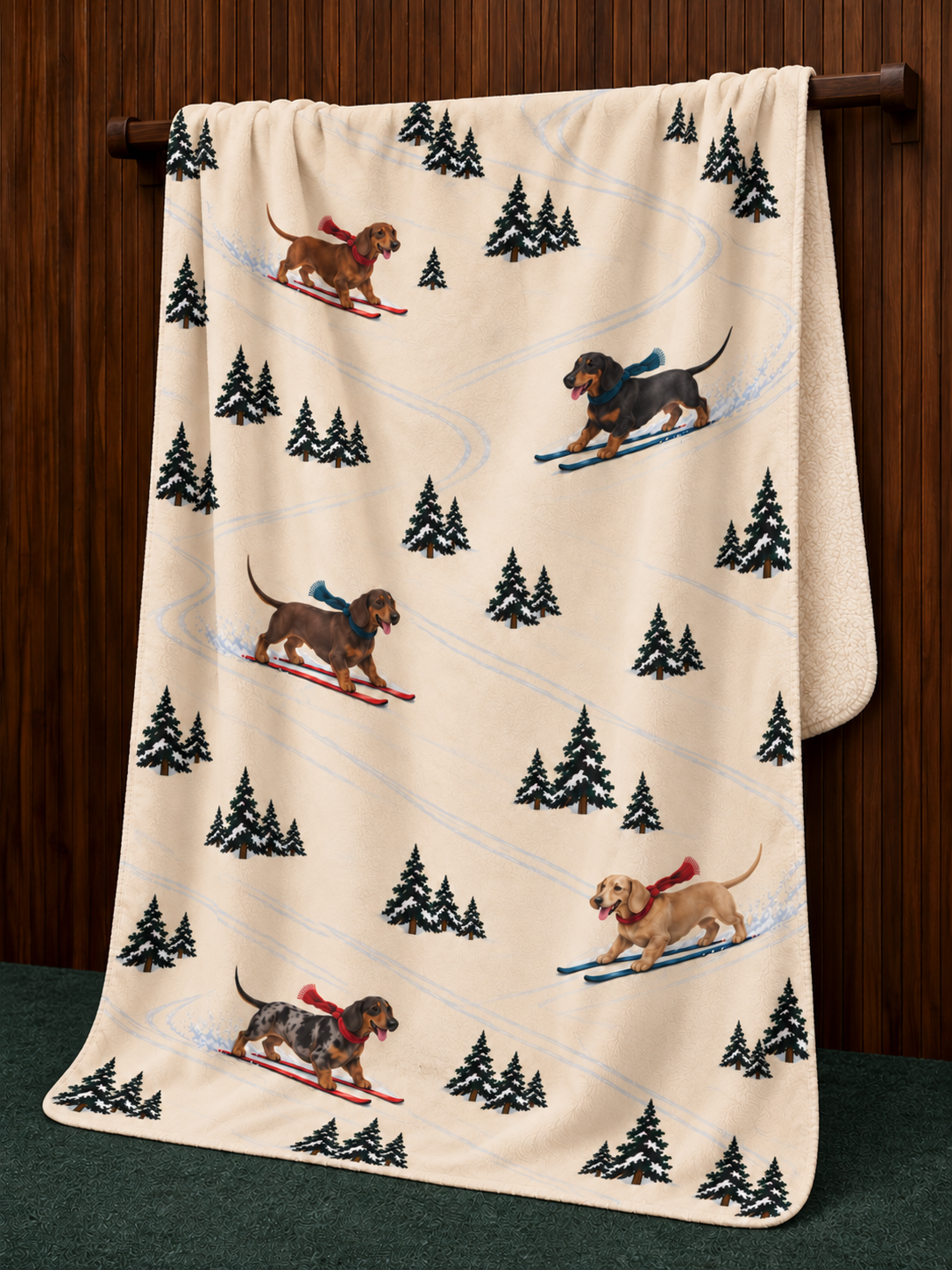 Short-haired Dachshund Christmas Skiing Fleece Blanket