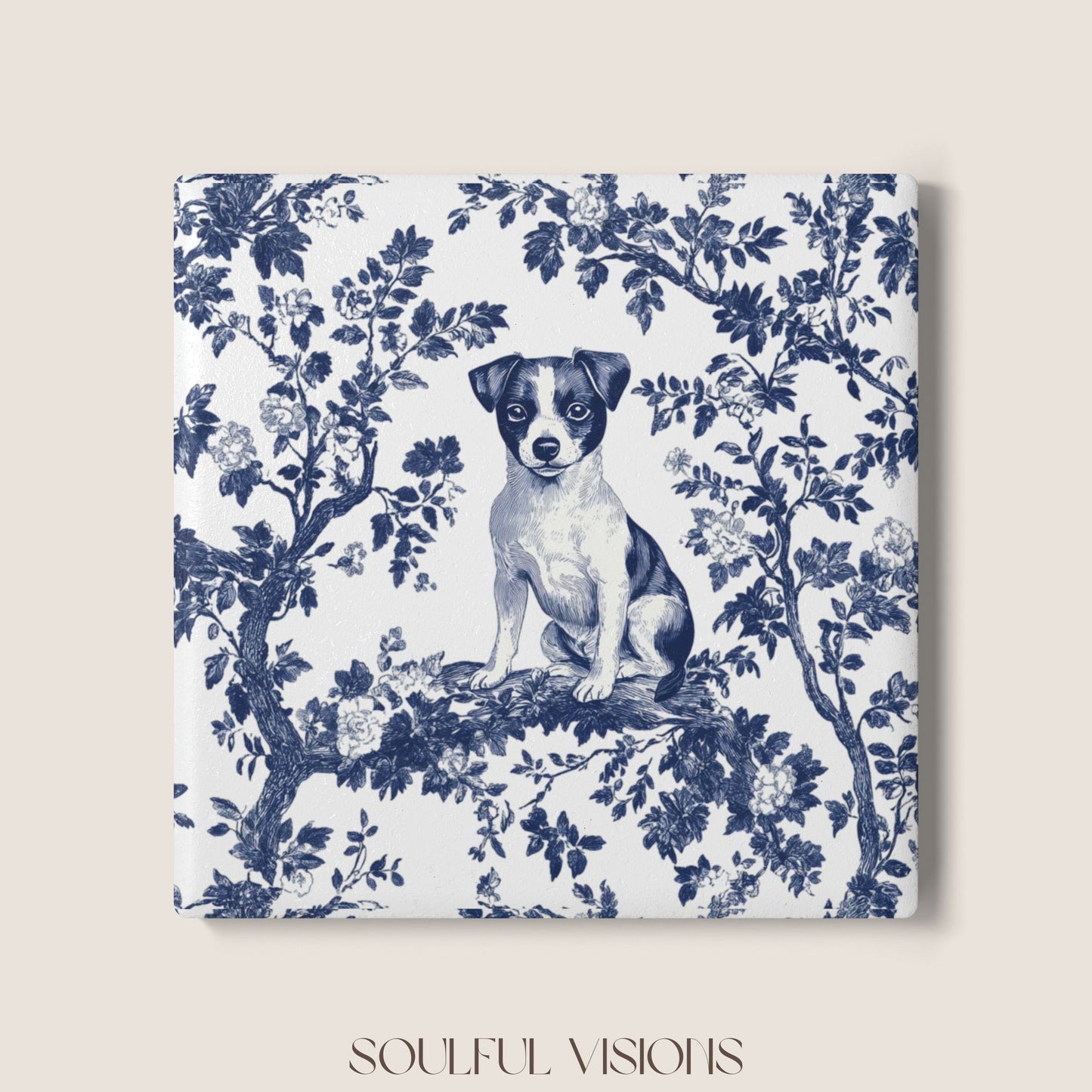 Jack Russell Ceramic Coaster French Blue Toile