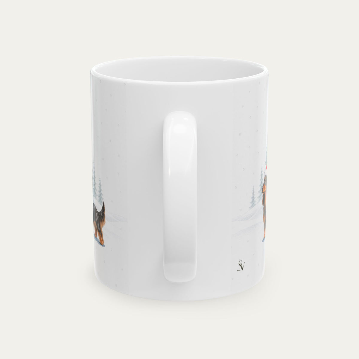 Custom Dachshund Longhaired Black and Tan Dapple  Christmas Santa Hat Mug