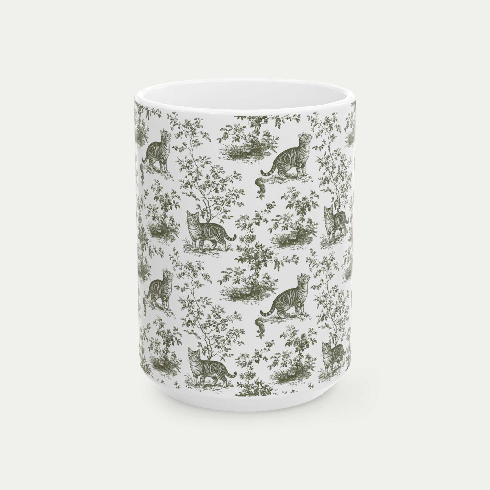 Tabby Cat Sage Green Toile Mug