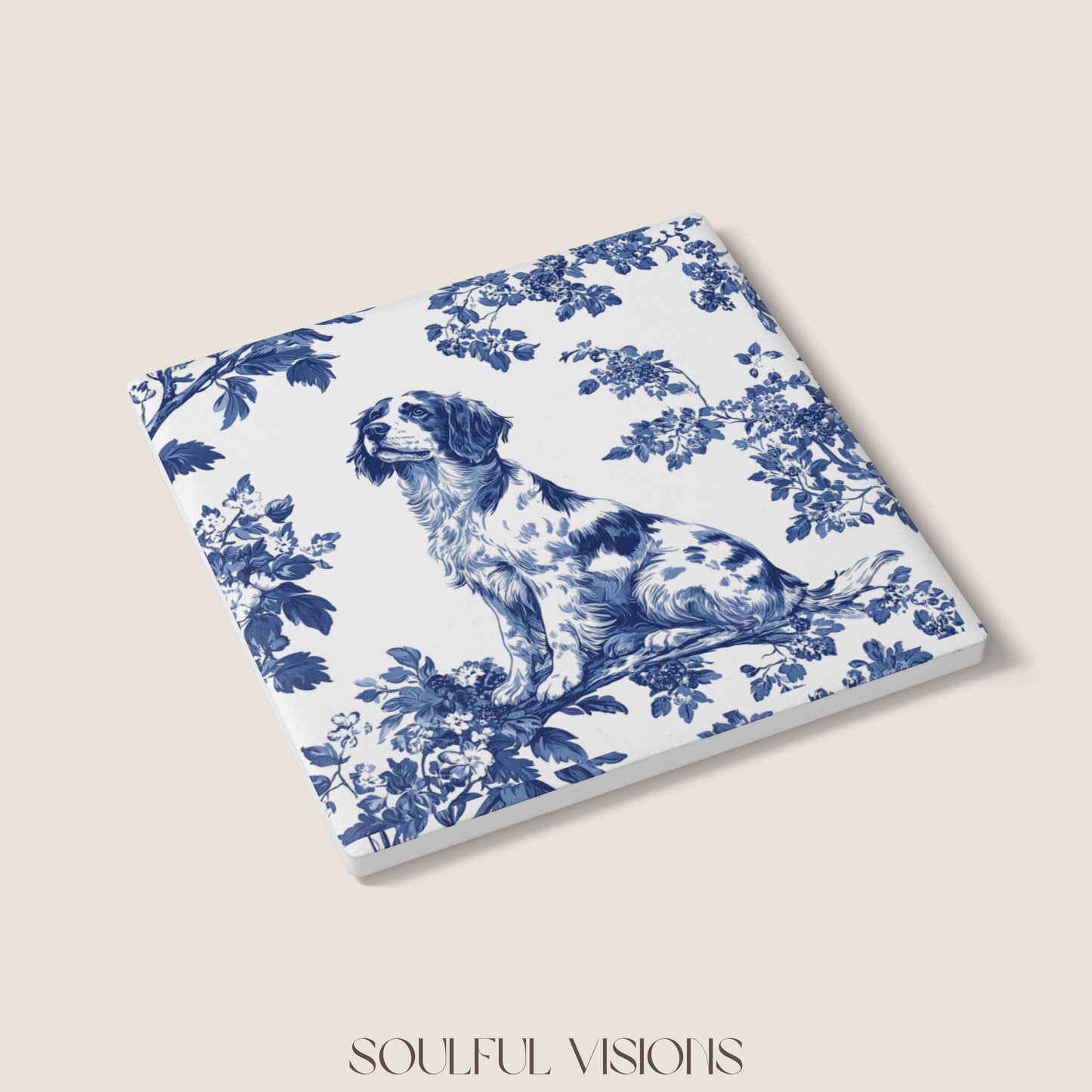 Brittany Spaniel Ceramic Coaster French Blue Toile