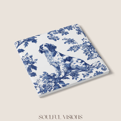 Brittany Spaniel Ceramic Coaster French Blue Toile