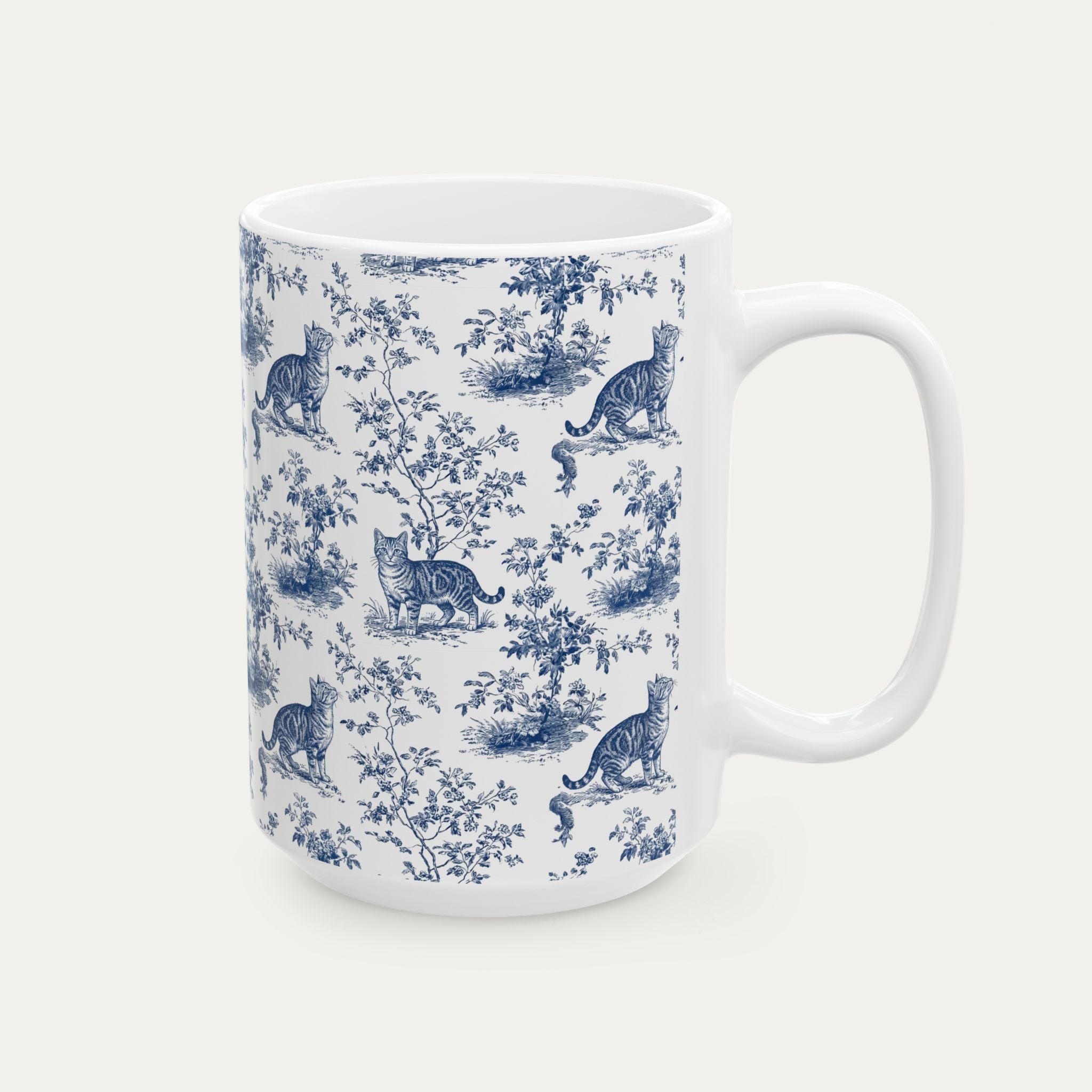 Tabby Cat Blue Toile Mug