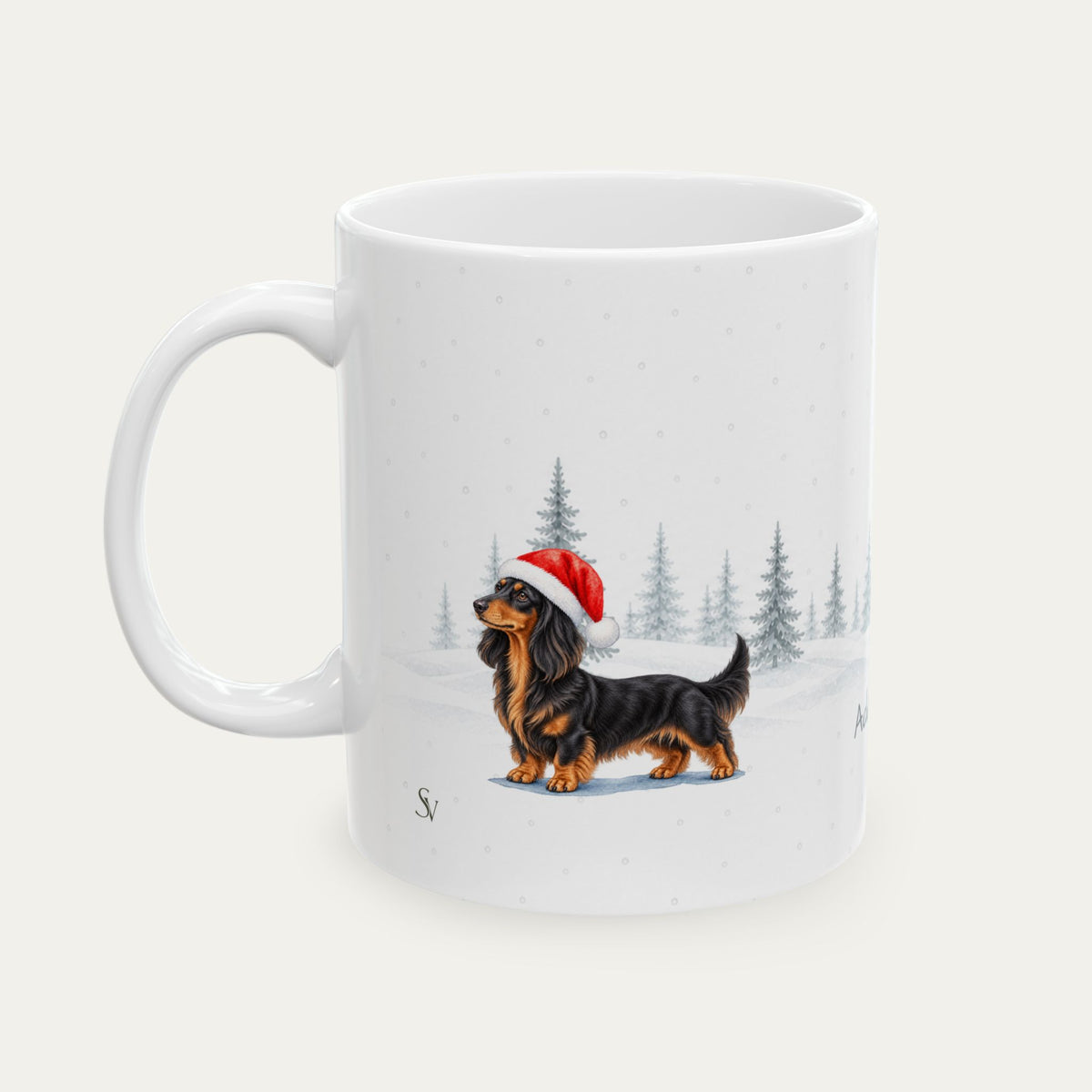 Custom Dachshubd Longhaired Black and Tan  Christmas Santa Hat Mug