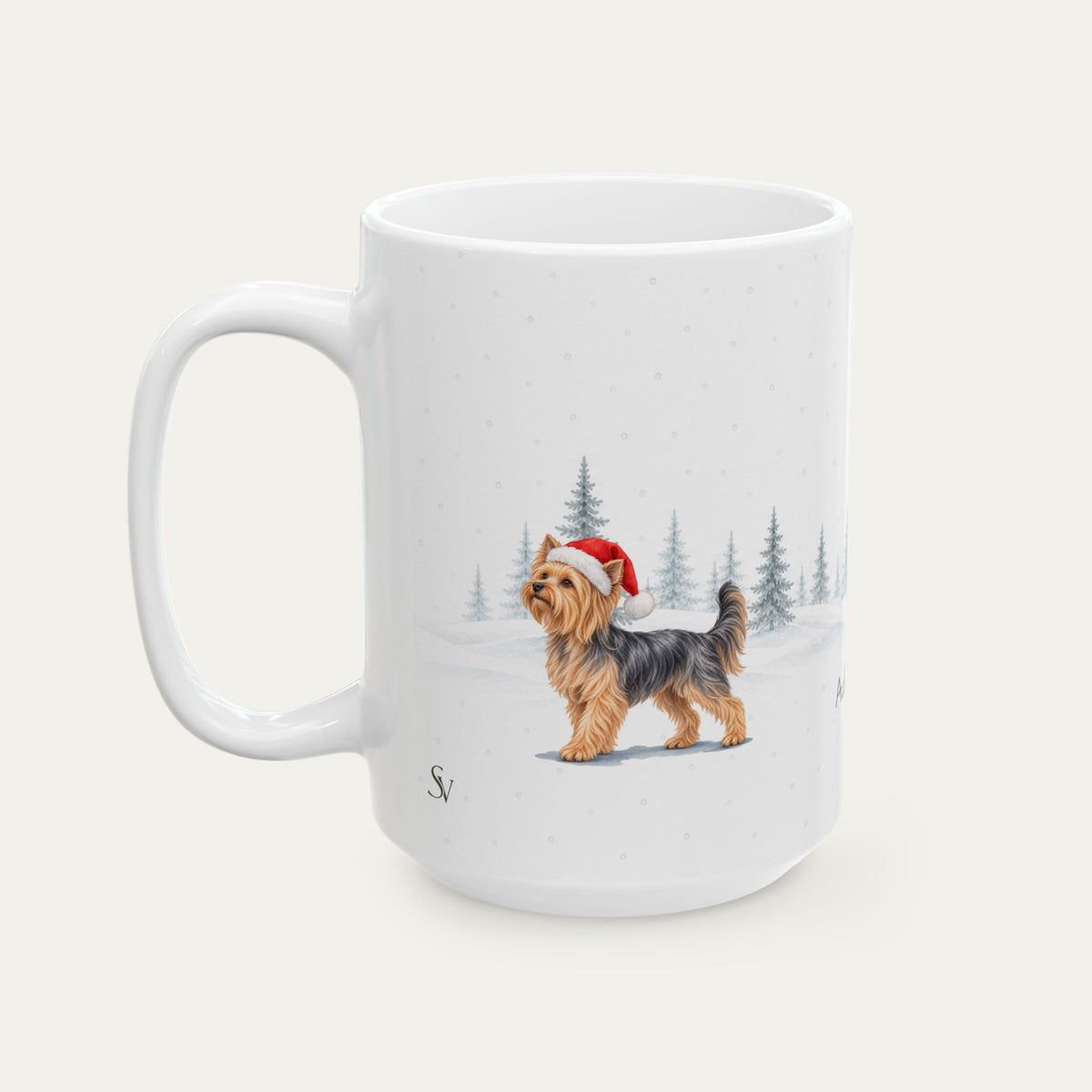 Custom Yorshire Terrier Steel Blue and Golden Tan Christmas Santa Hat Mug