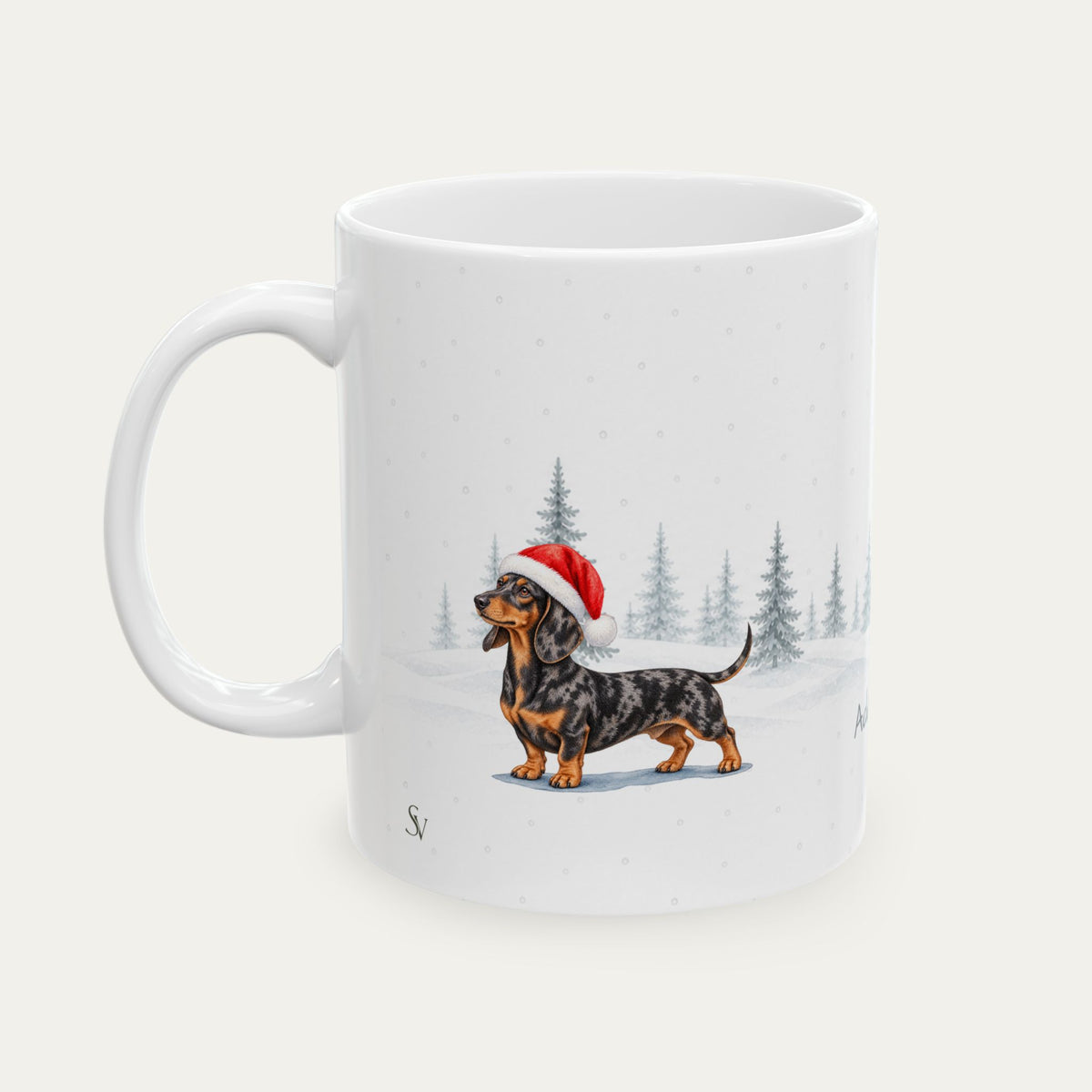 Custom Dachshund Black and Tan Dapple  Christmas Santa Hat Mug