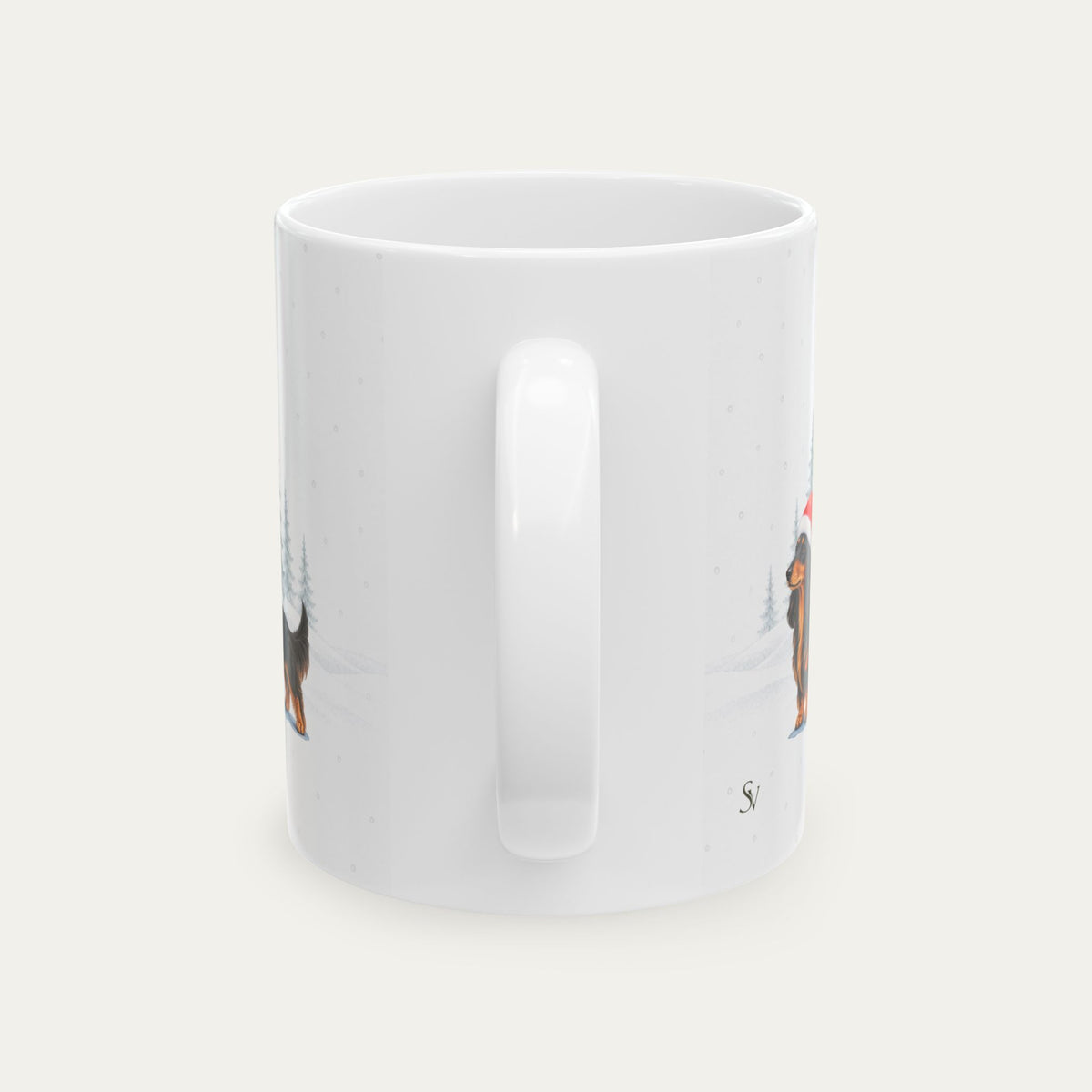 Custom Dachshubd Longhaired Black and Tan  Christmas Santa Hat Mug