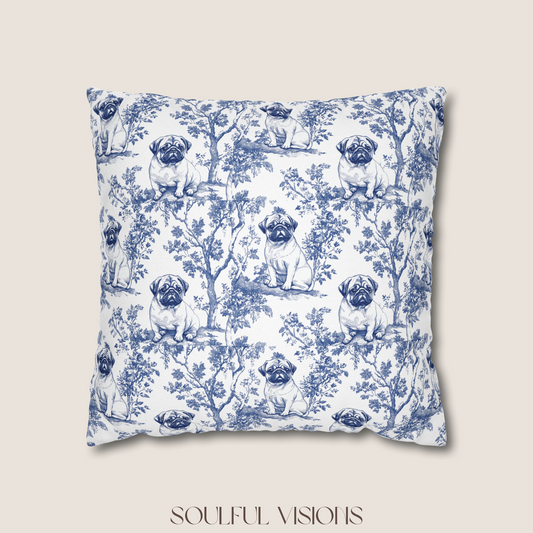 Pug Blue French Toile Pillow