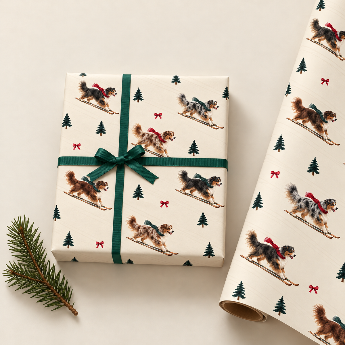 Australian Shepherd Christmas Skiing Wrapping Paper