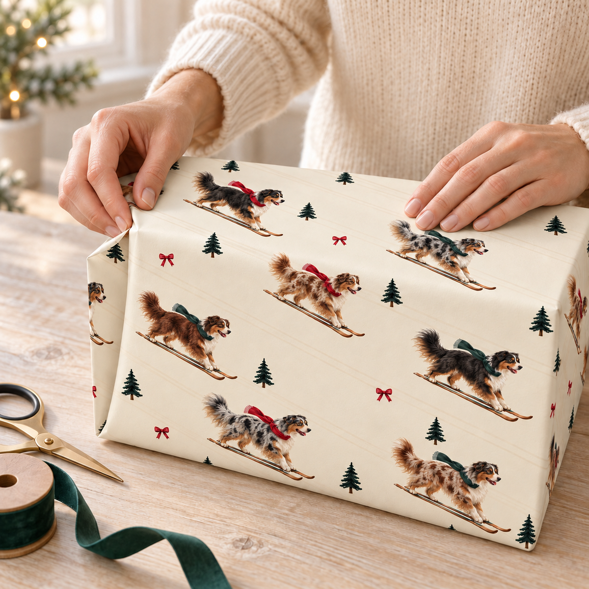 Australian Shepherd Christmas Skiing Wrapping Paper