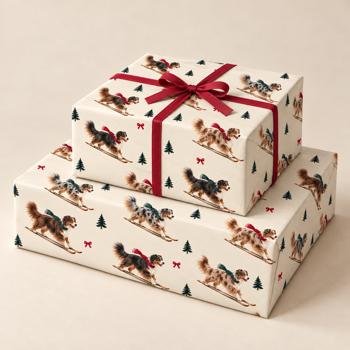 Australian Shepherd Christmas Skiing Wrapping Paper