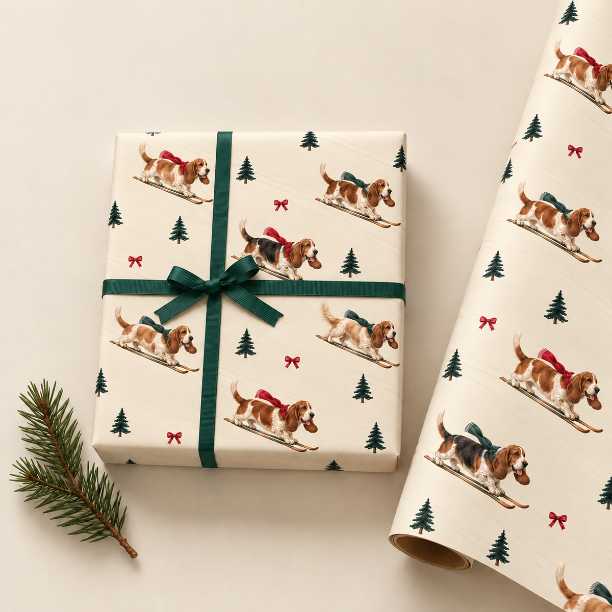 Basset Hound Christmas Skiing Wrapping Paper