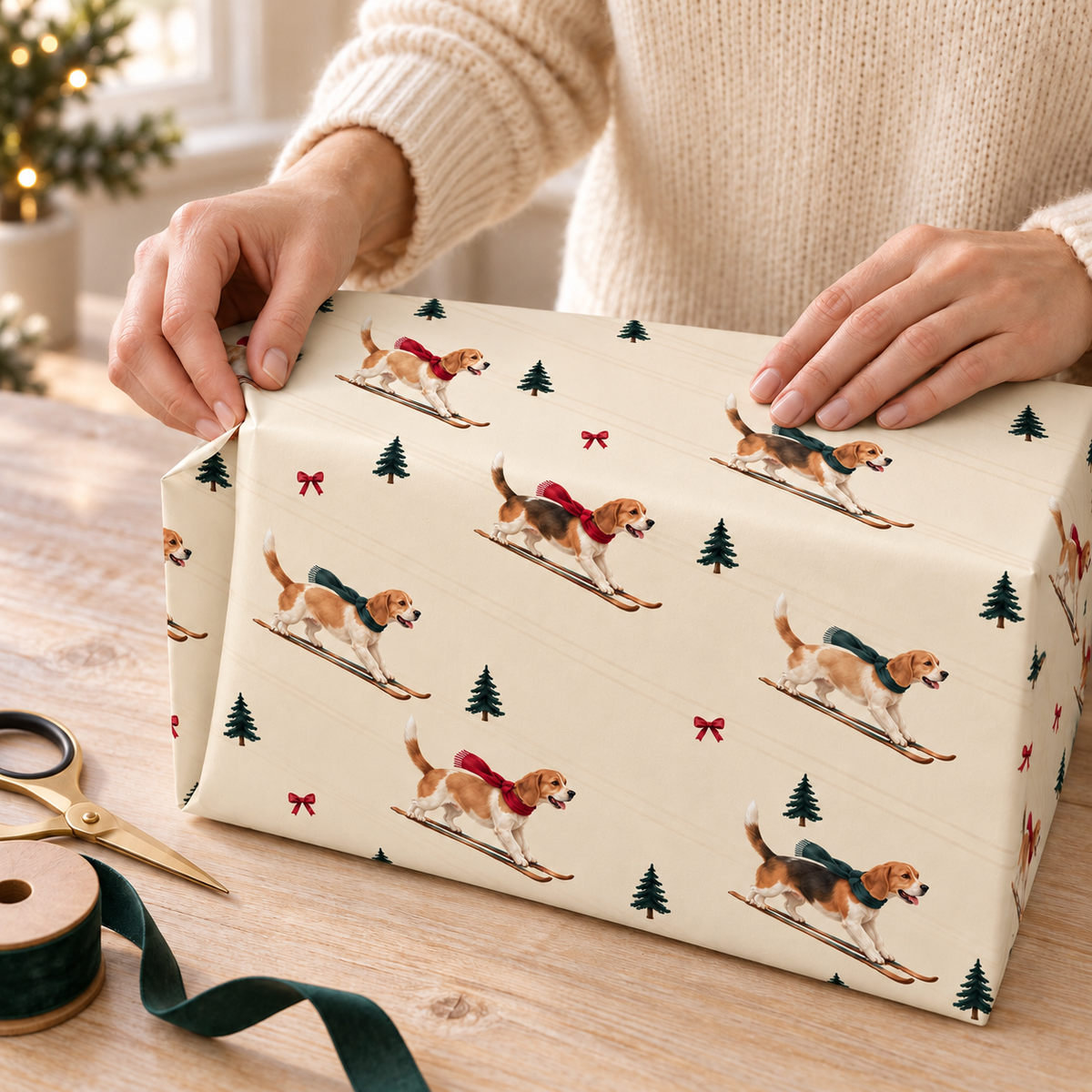 Beagle Christmas Skiing Wrapping Paper