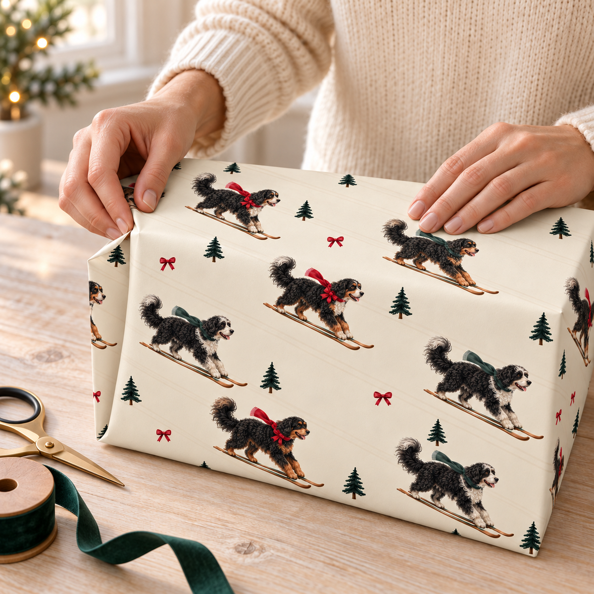 Bernedoodle Christmas Skiing Wrapping Paper