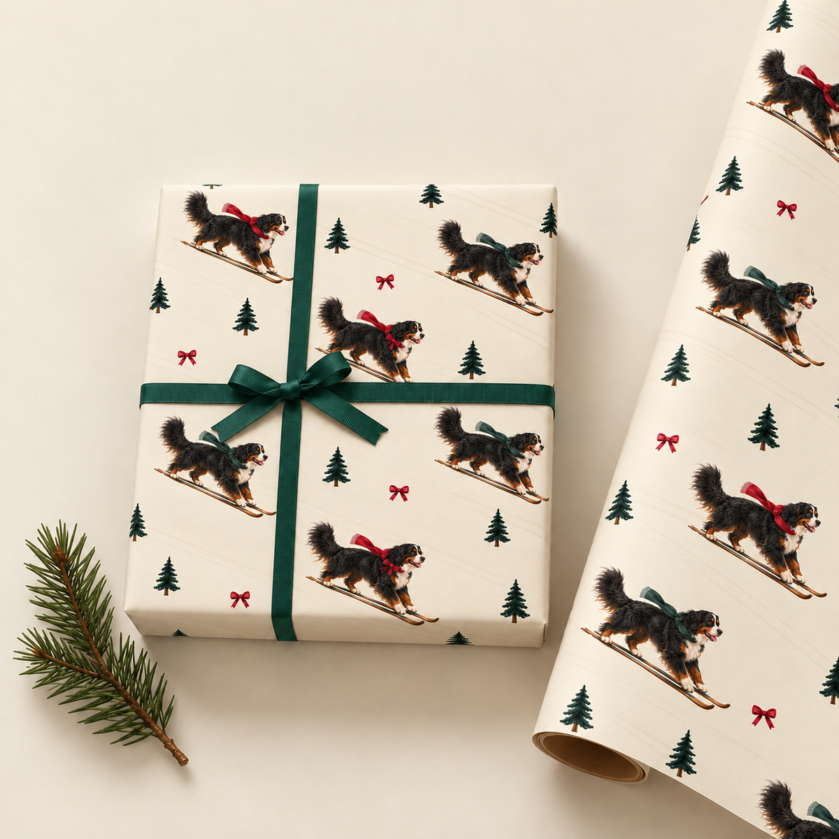 Bernese Mountain Dog Christmas Skiing Wrapping Paper