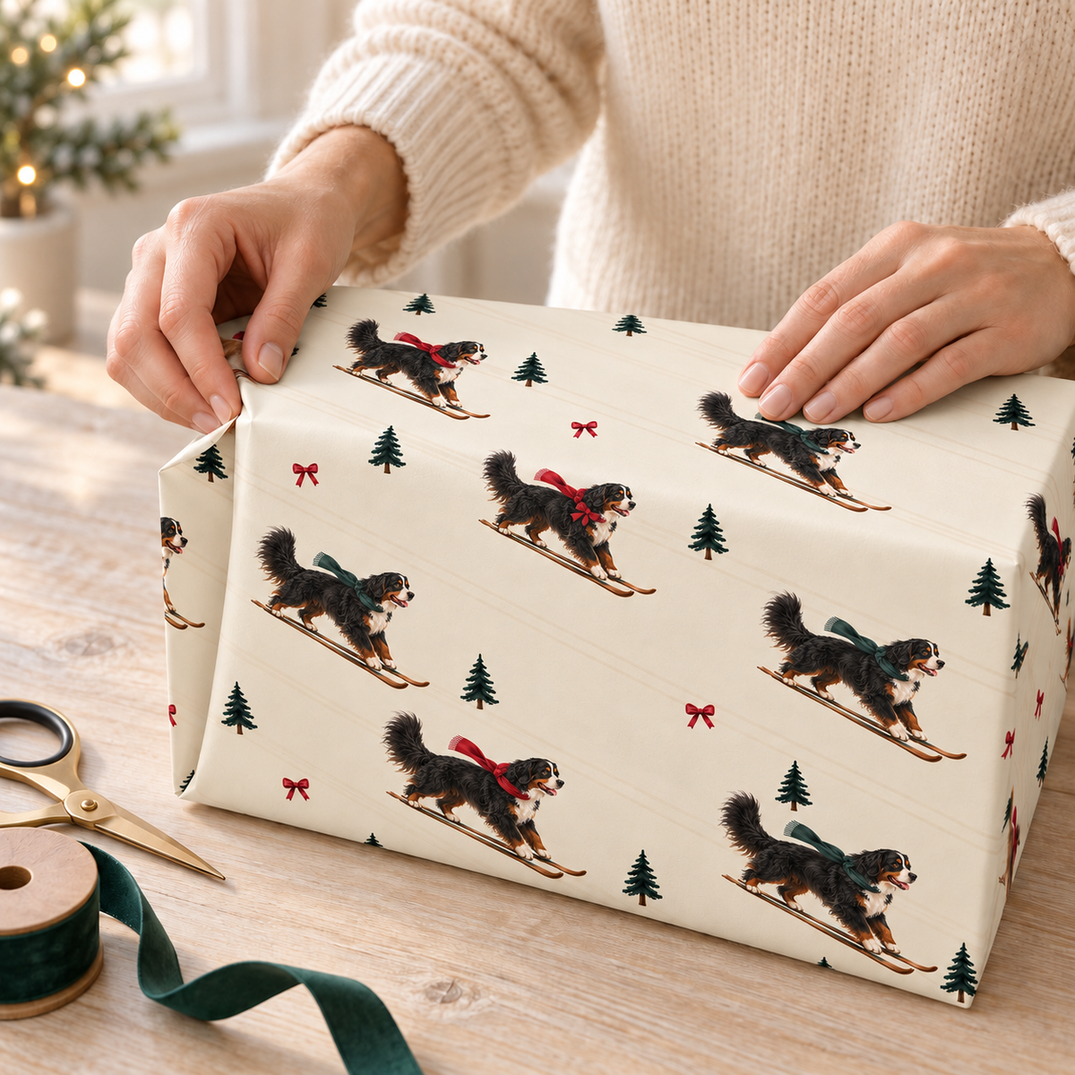 Bernese Mountain Dog Christmas Skiing Wrapping Paper