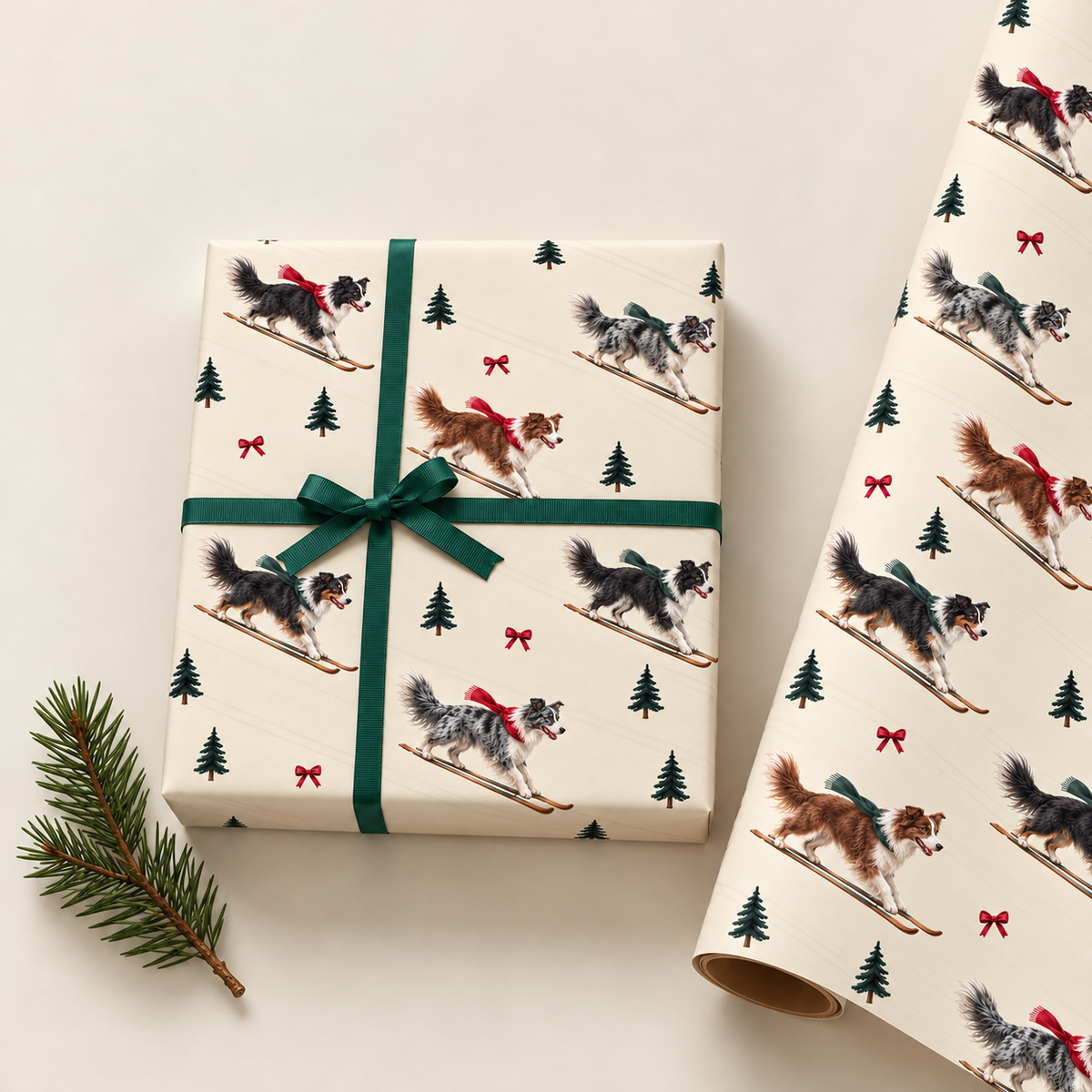 Border Collie Christmas Skiing Wrapping Paper