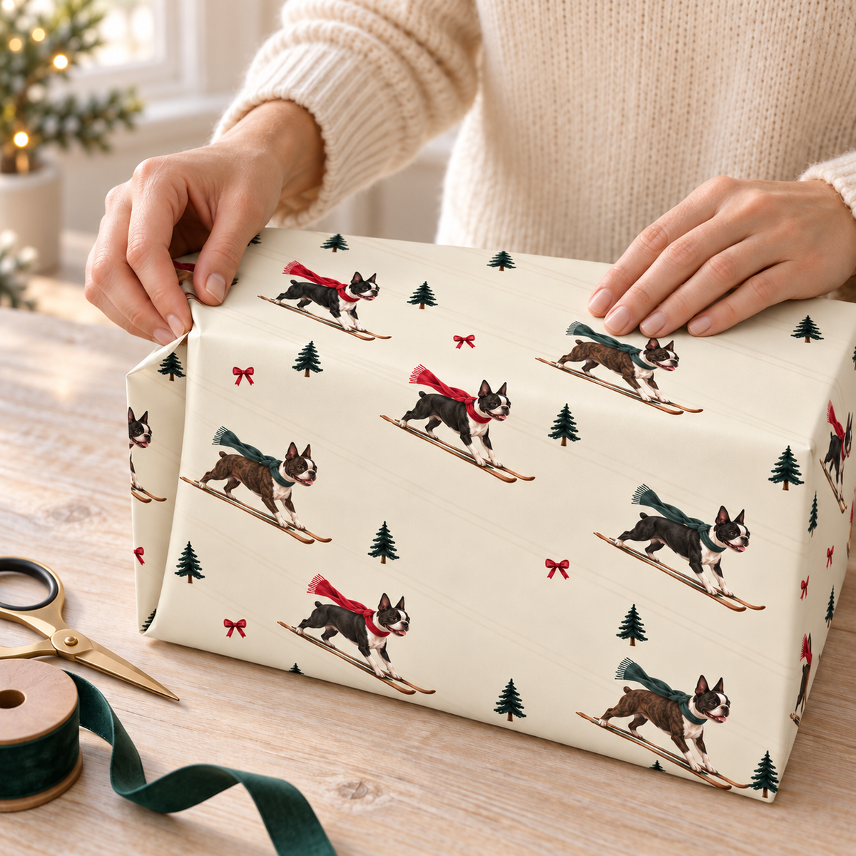 Boston Terrier Christmas Skiing Wrapping Paper
