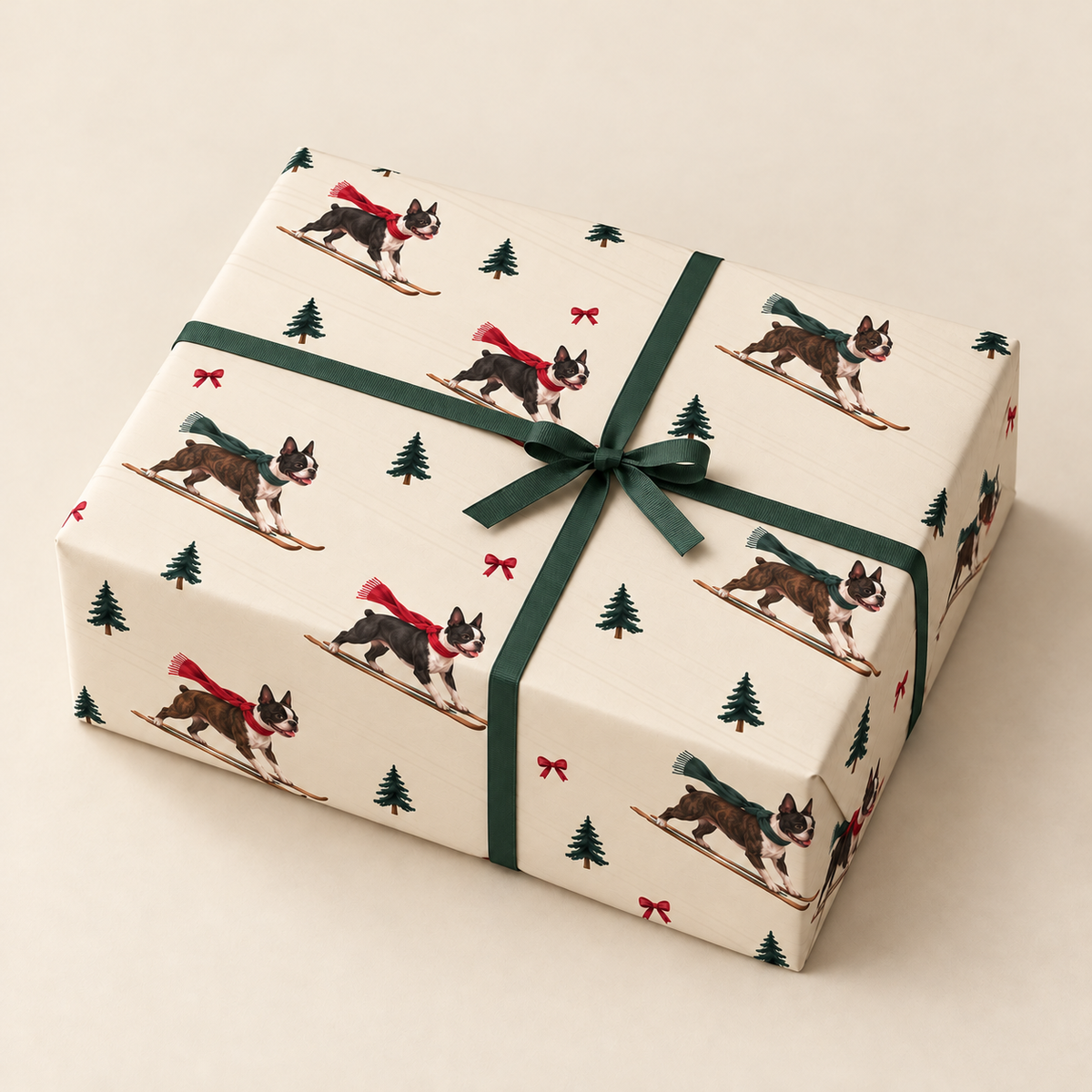Boston Terrier Christmas Skiing Wrapping Paper