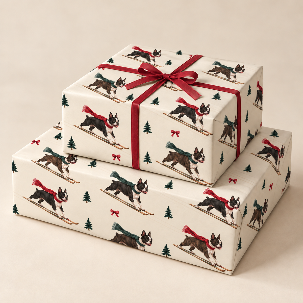 Boston Terrier Christmas Skiing Wrapping Paper