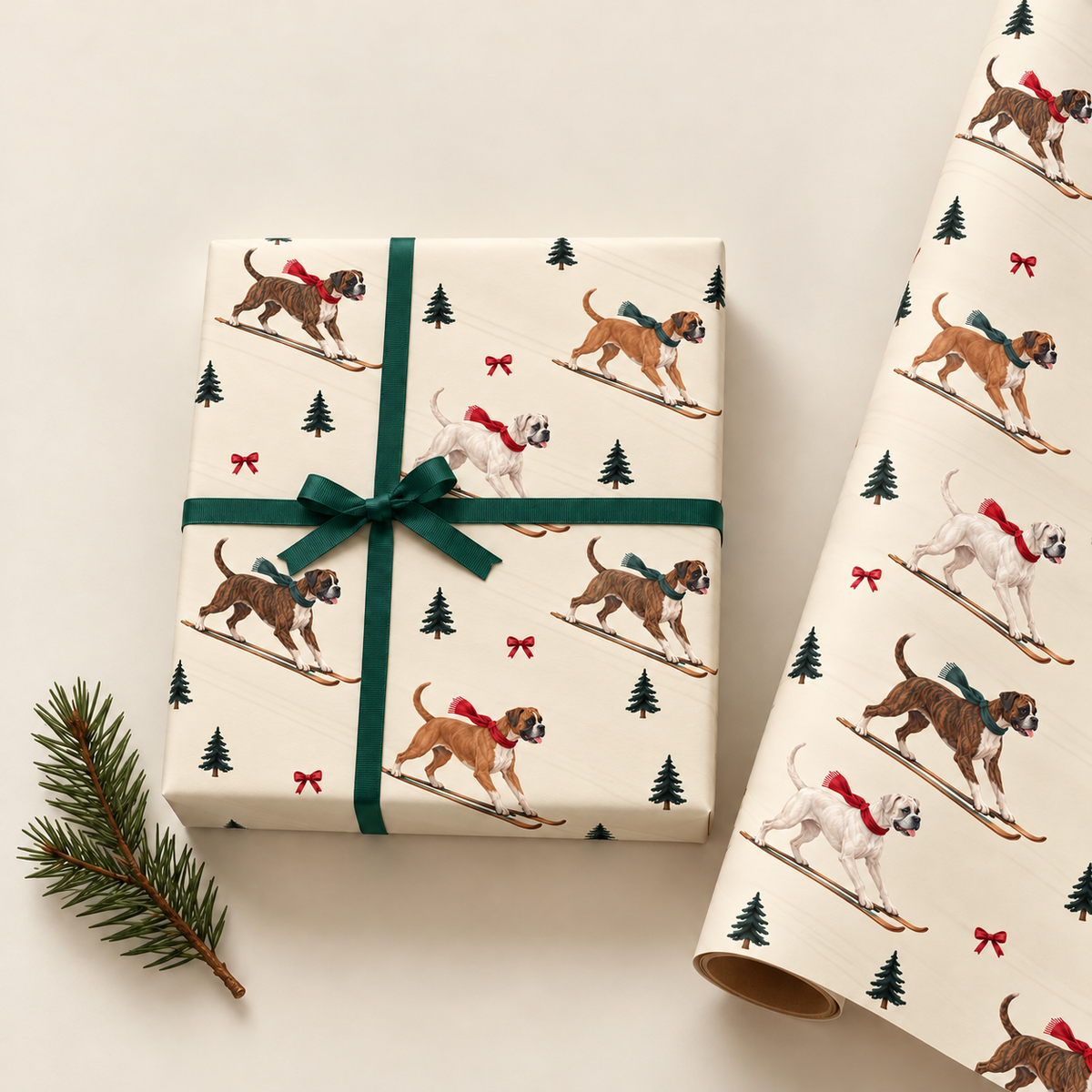 Boxer Christmas Skiing Wrapping Paper