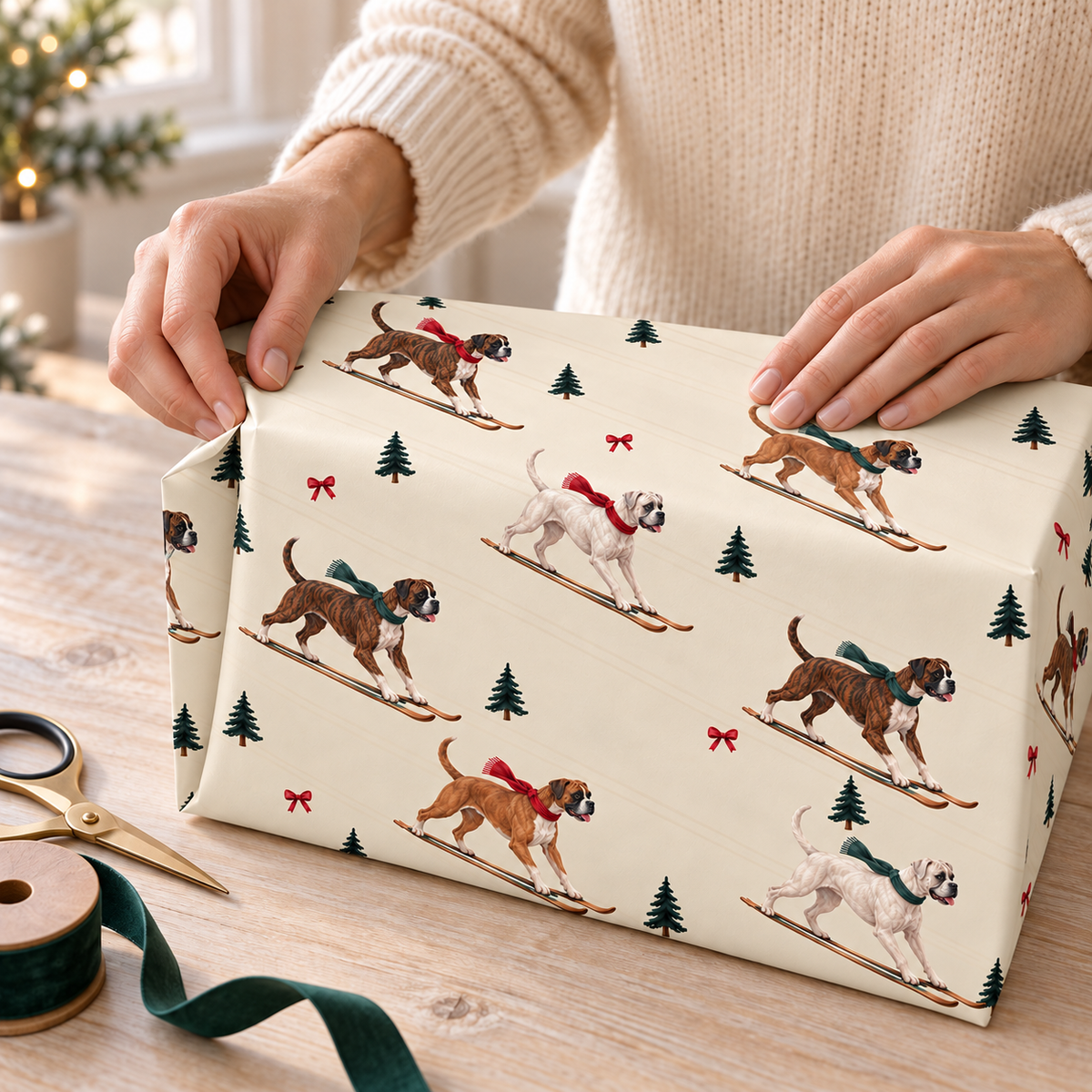 Boxer Christmas Skiing Wrapping Paper