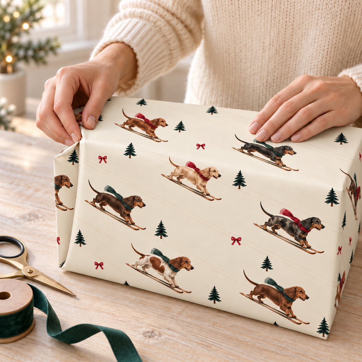 Dachshund Christmas Skiing Wrapping Paper