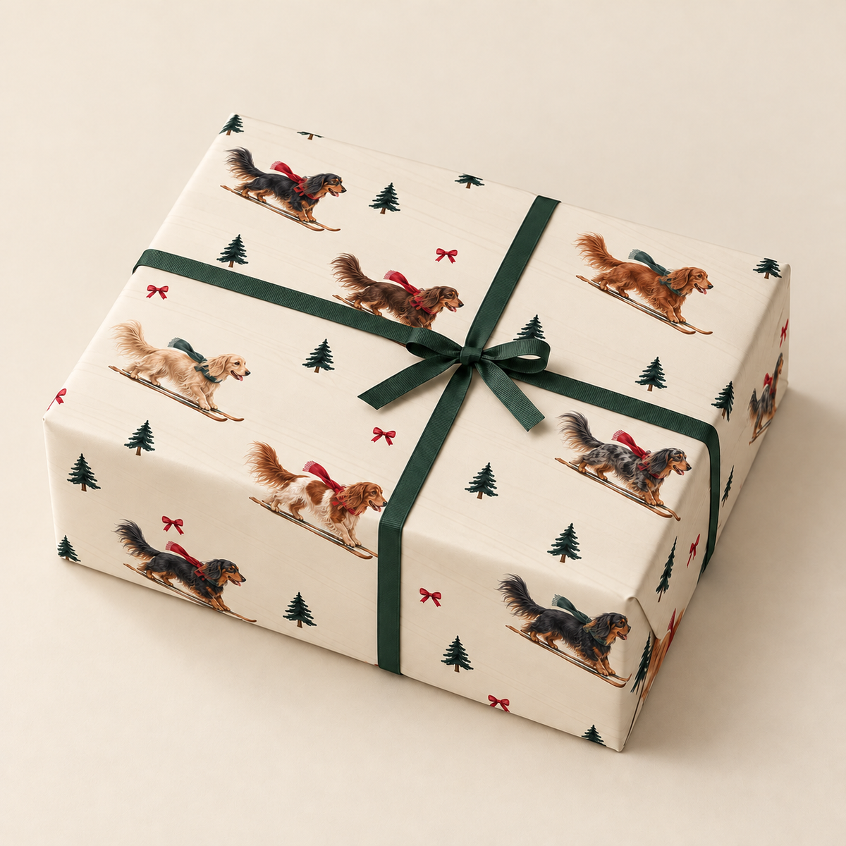 Long-Haired Dachshund Christmas Skiing Wrapping Paper