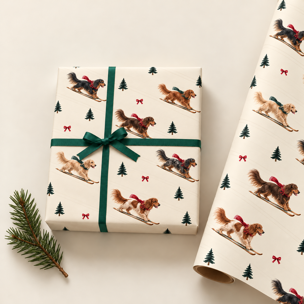 Long-Haired Dachshund Christmas Skiing Wrapping Paper