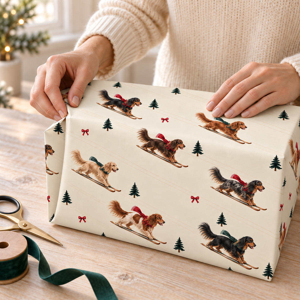 Long-Haired Dachshund Christmas Skiing Wrapping Paper