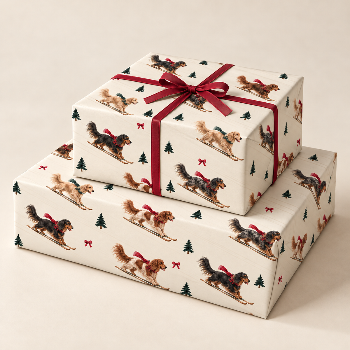 Long-Haired Dachshund Christmas Skiing Wrapping Paper