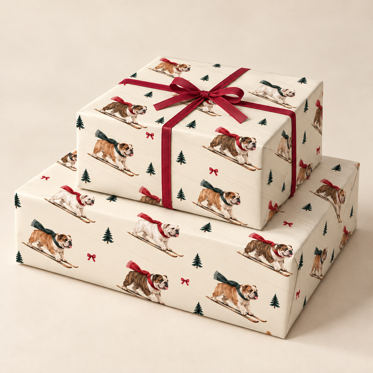 English Bulldog Christmas Skiing Wrapping Paper