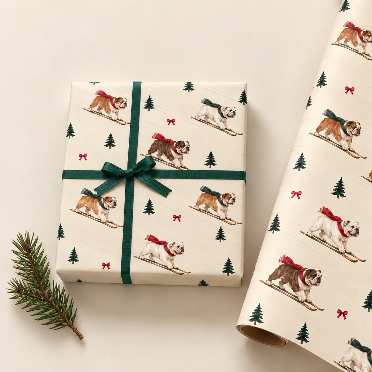 English Bulldog Christmas Skiing Wrapping Paper