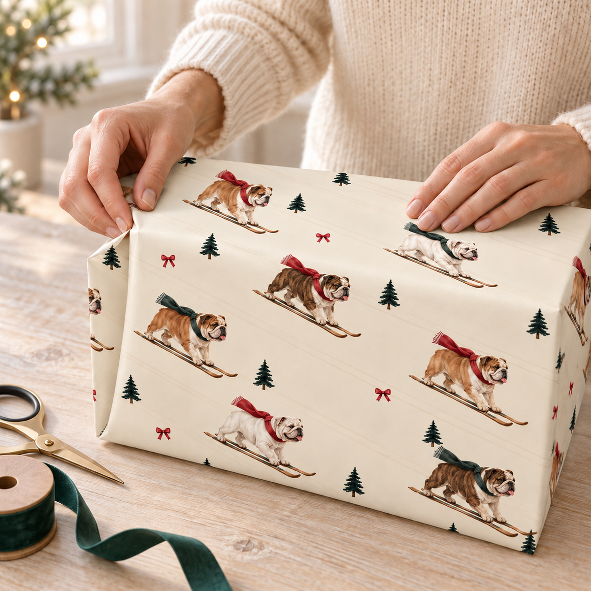 English Bulldog Christmas Skiing Wrapping Paper