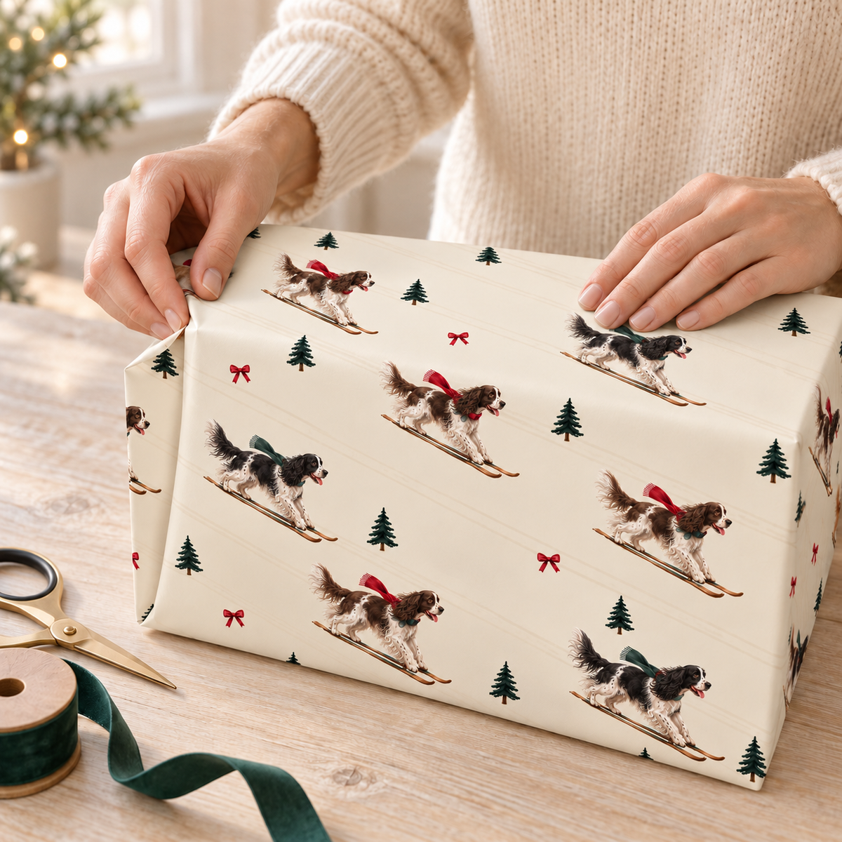 English Springer Spaniel Christmas Skiing Wrapping Paper