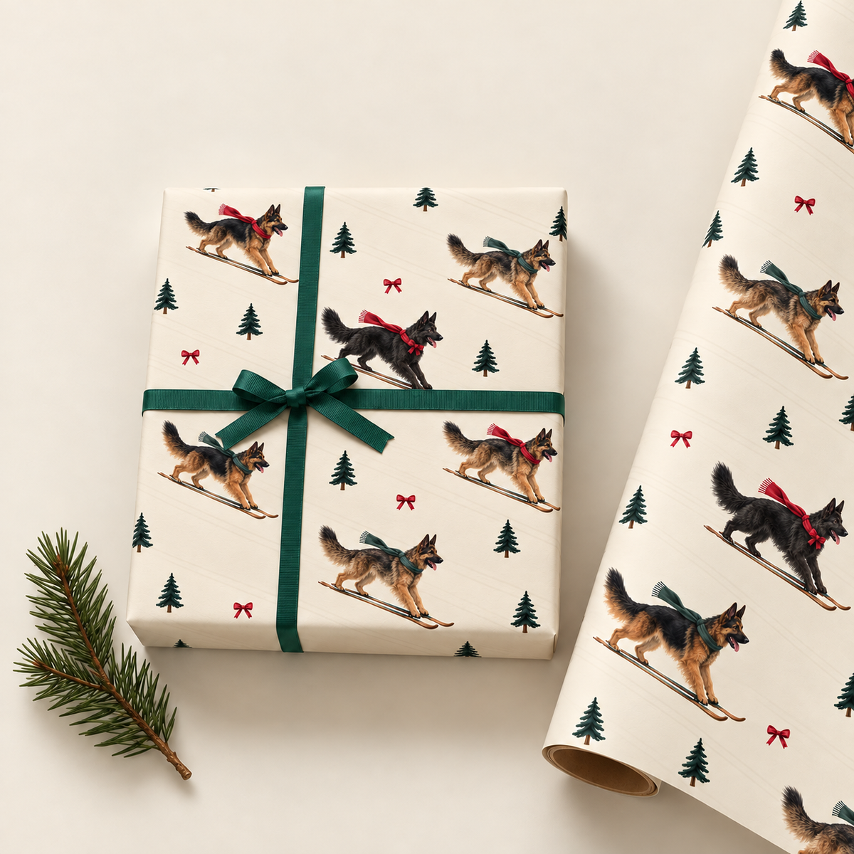 German Shepherd Christmas Skiing Wrapping Paper