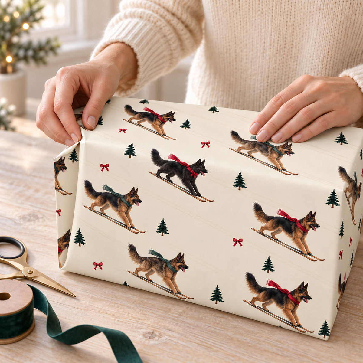 German Shepherd Christmas Skiing Wrapping Paper