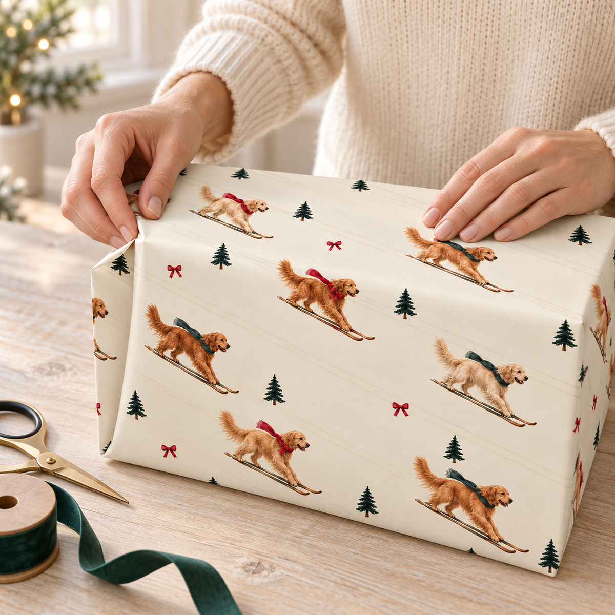 Golden Retriever Christmas Skiing Wrapping Paper