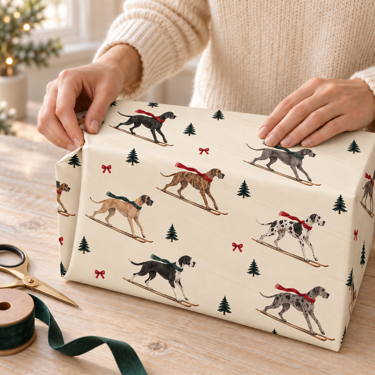 Great Dane Christmas Skiing Wrapping Paper