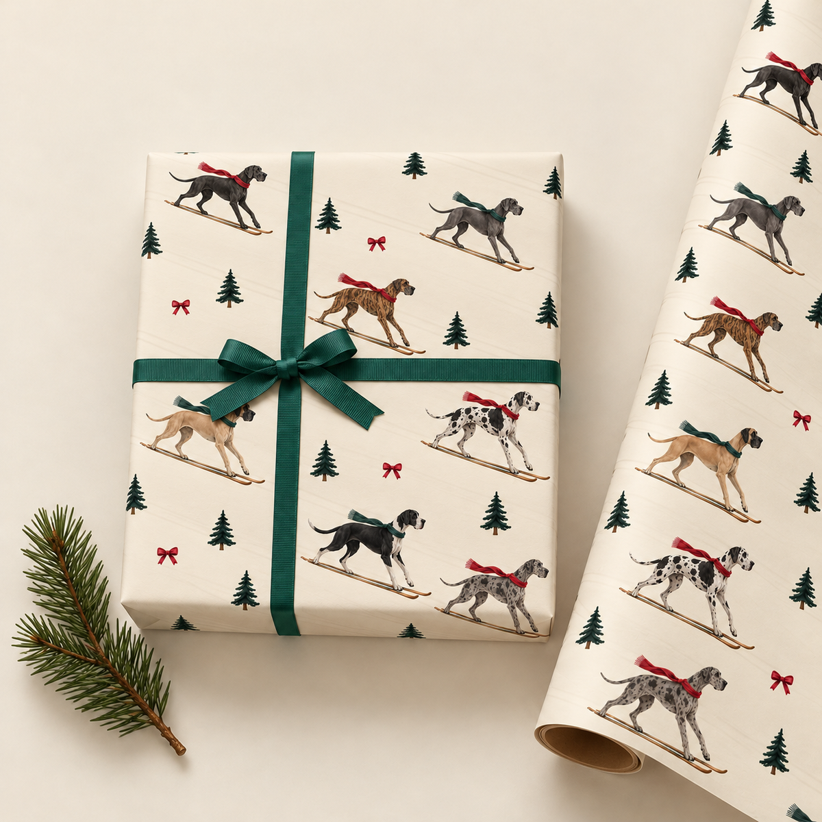 Great Dane Christmas Skiing Wrapping Paper