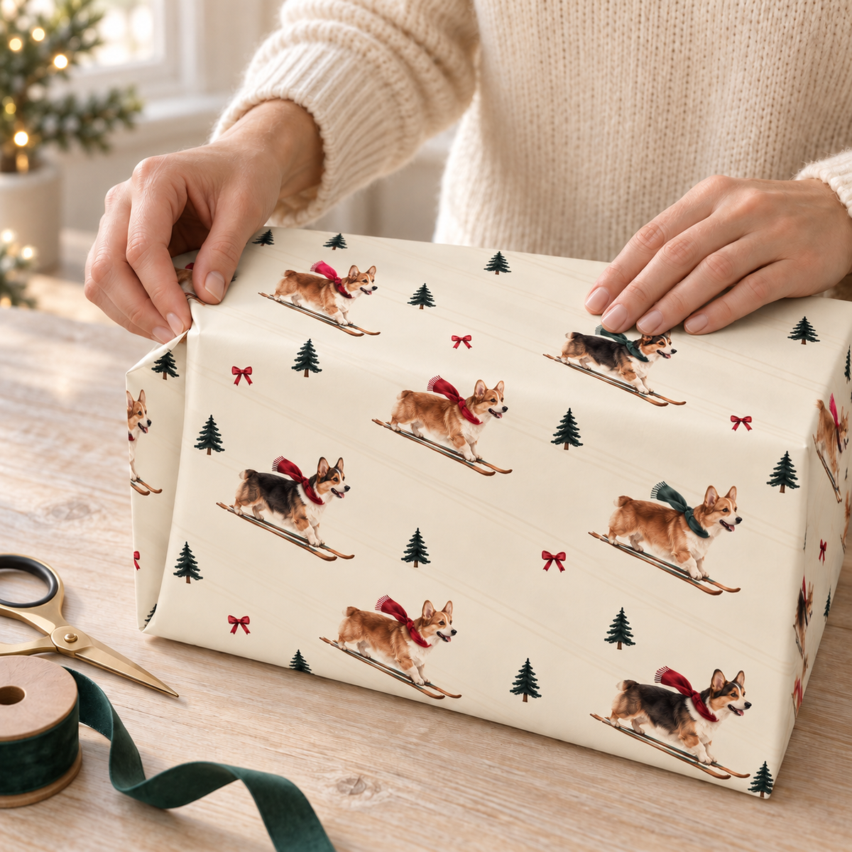 Pembroke Welsh Corgi Christmas Skiing Wrapping Paper