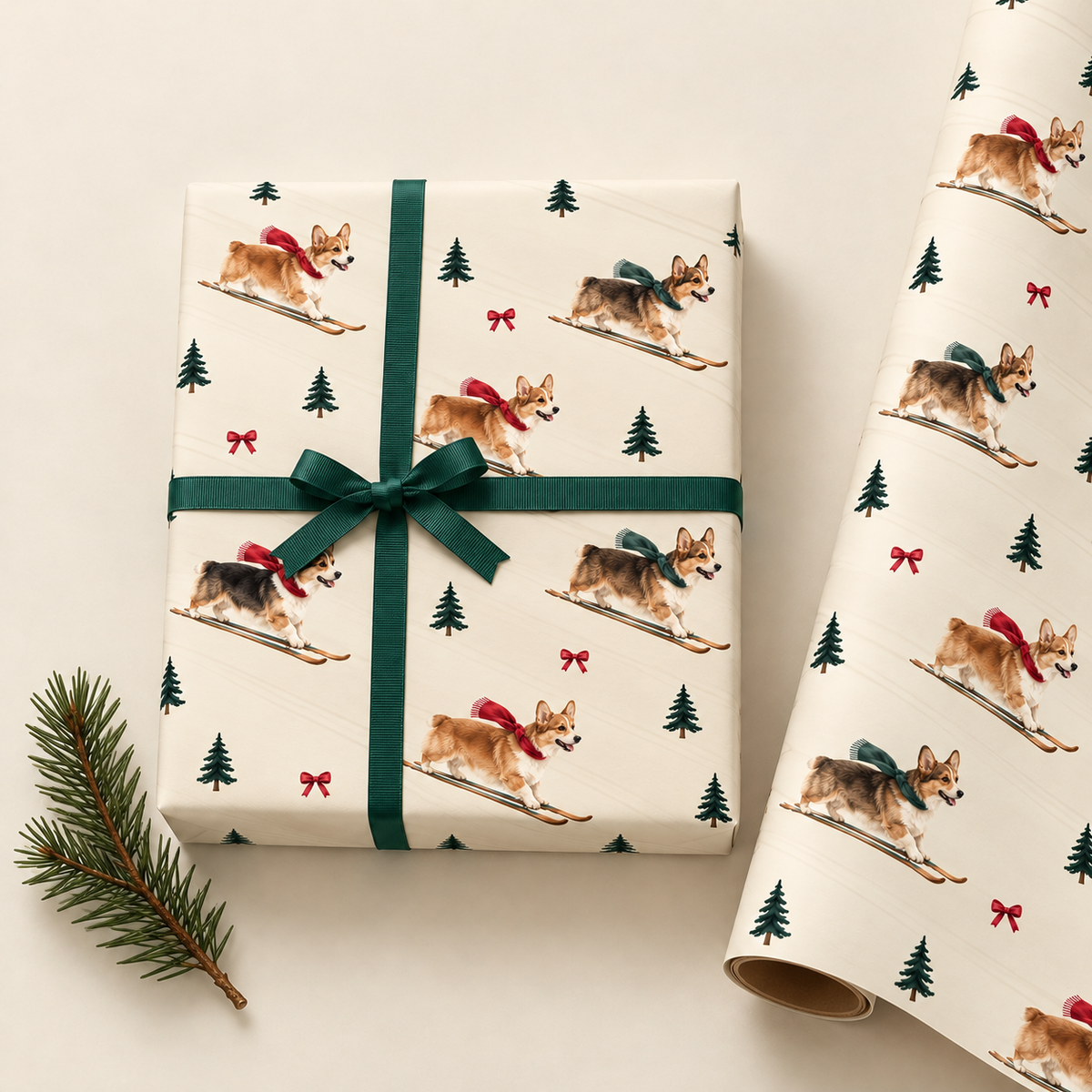 Pembroke Welsh Corgi Christmas Skiing Wrapping Paper