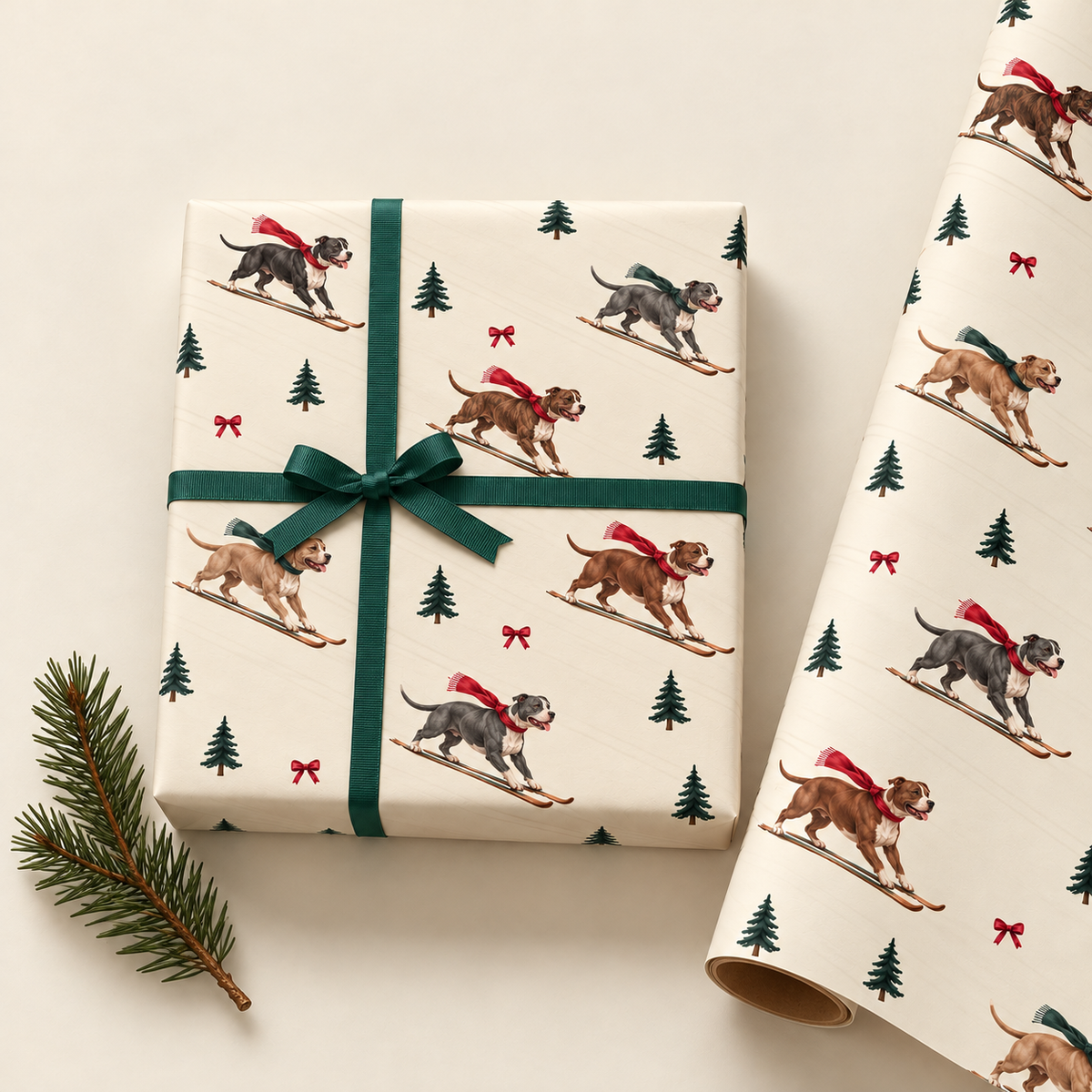 Pit Bull Christmas Skiing Wrapping Paper