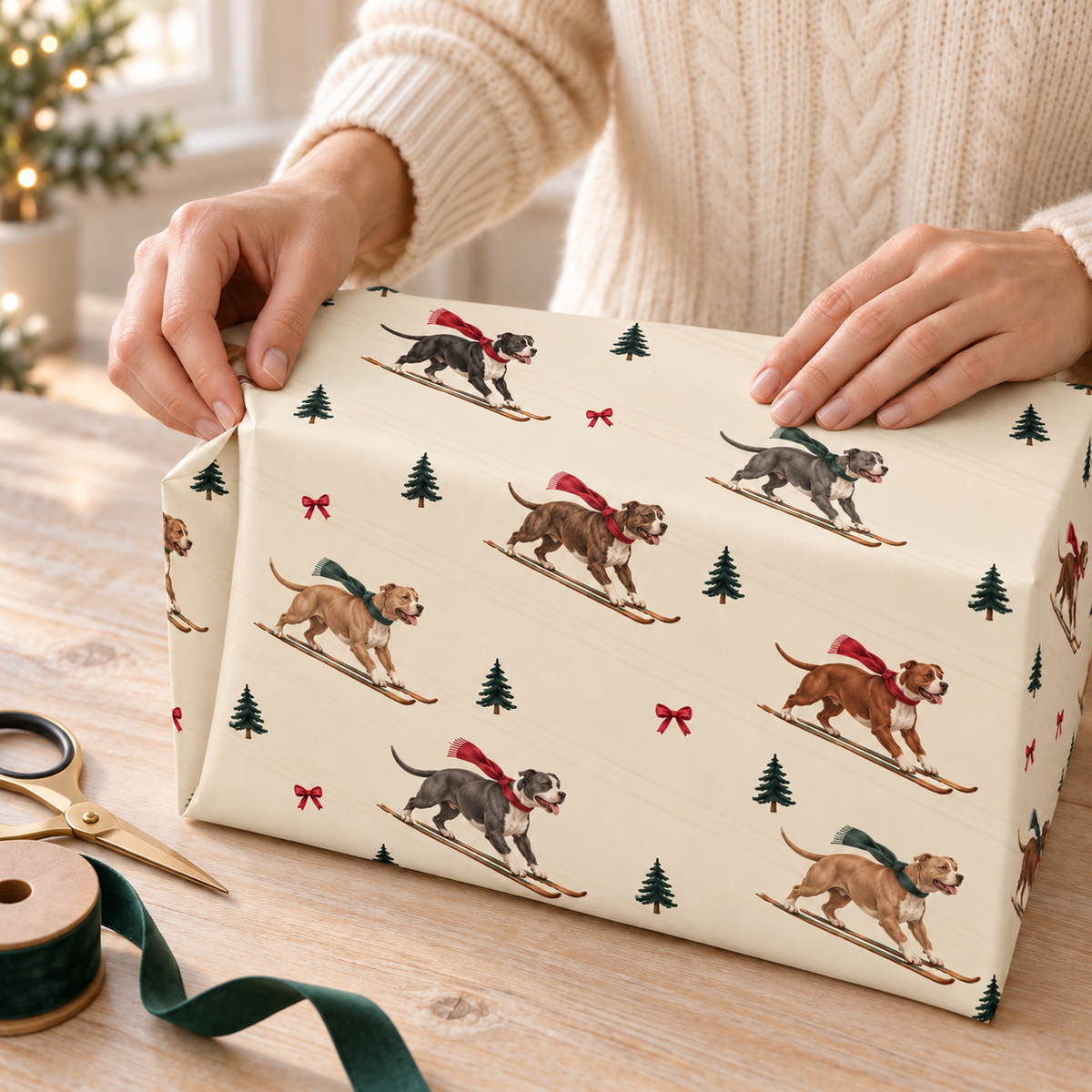 Pit Bull Christmas Skiing Wrapping Paper