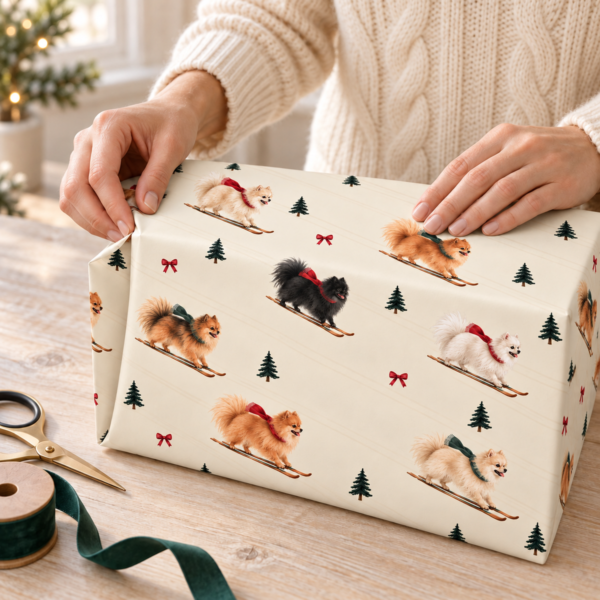 Pomeranian Christmas Skiing Wrapping Paper