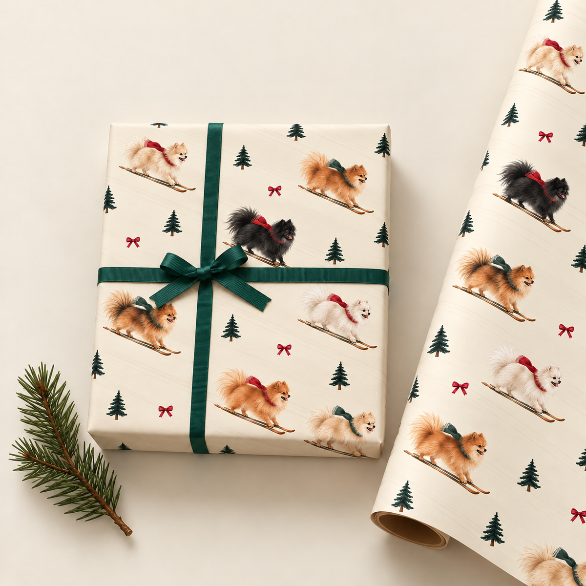 Pomeranian Christmas Skiing Wrapping Paper
