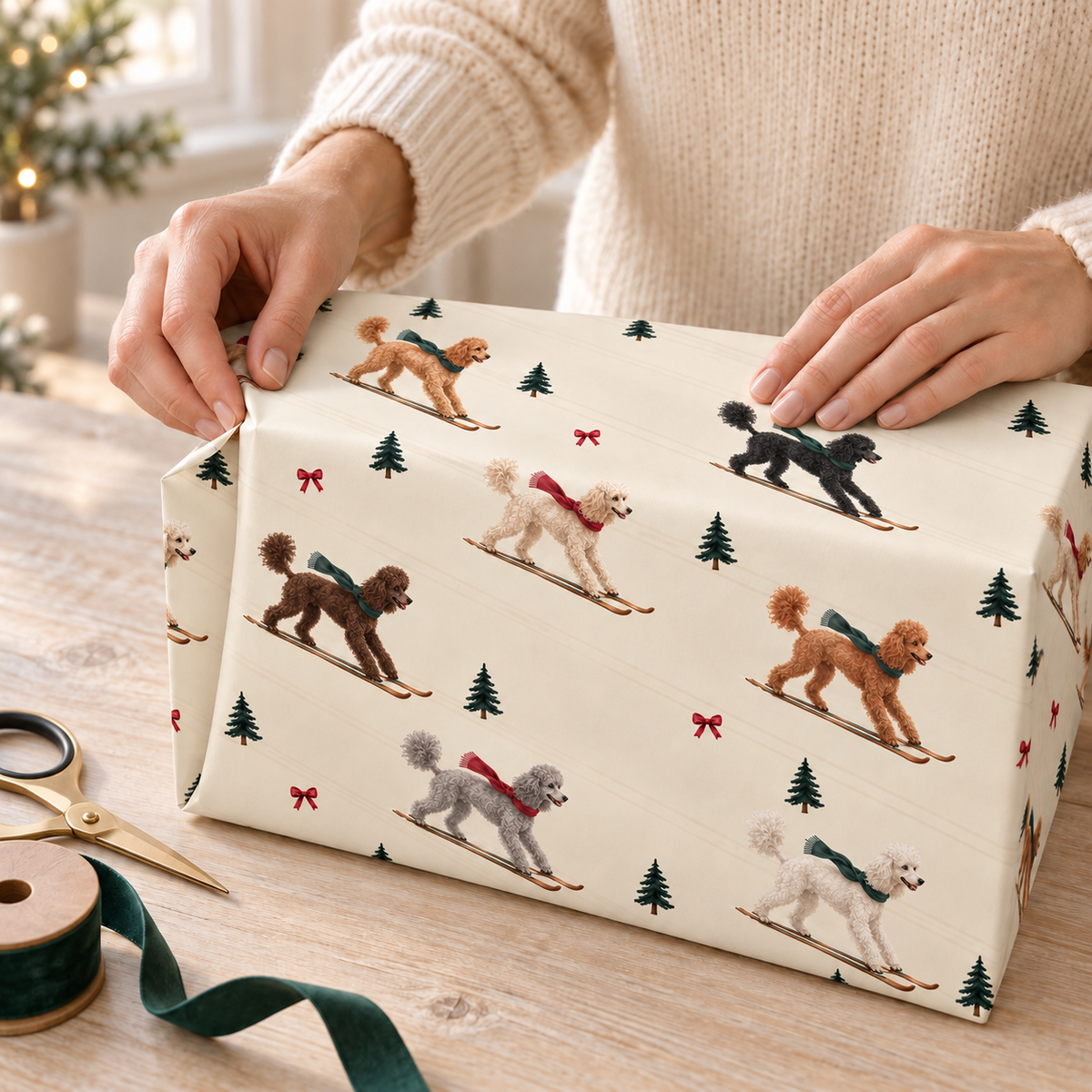 Poodle Christmas Skiing Wrapping Paper